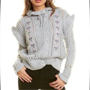 Stellah Knit Floral  Arthropology, Sweater Light / Blue Gray Ruffled Collar